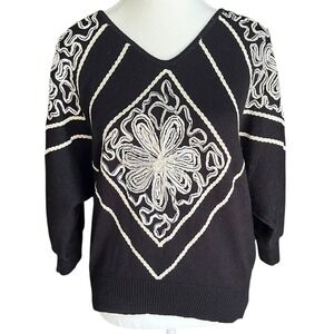 Vintage Savior Sweater USA Black Knit Floral Applique Statement Lagenlook Sz 14